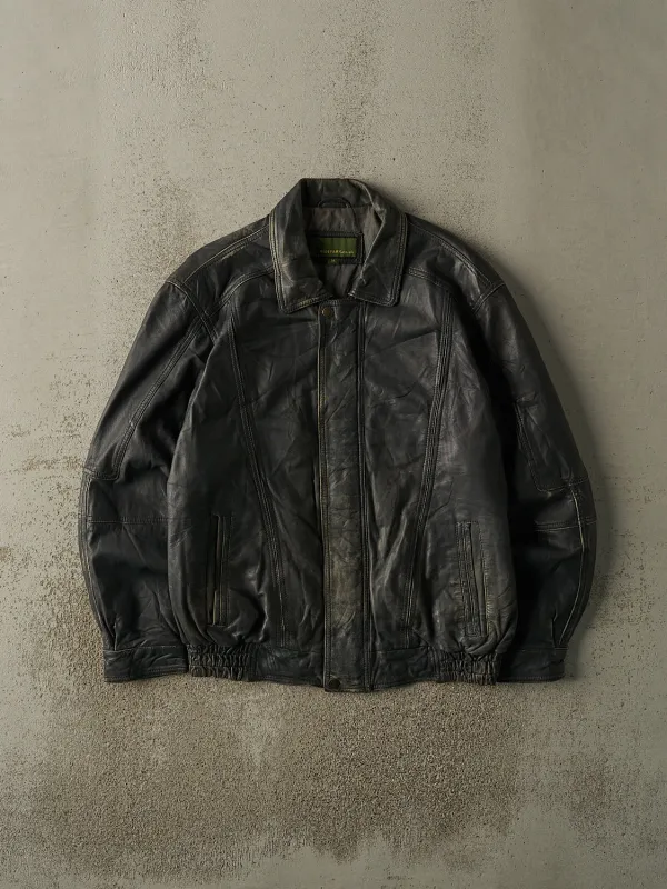 Vintage Y2K Faded Black Leather Bomber Jacket (M/L) sold by Rebalance Vintage