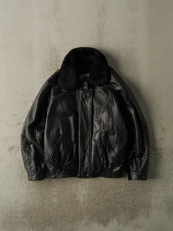 Vintage 90s Black Fur Collared Aviator Style Leather Jacket (S/M) sold by Rebalance Vintage