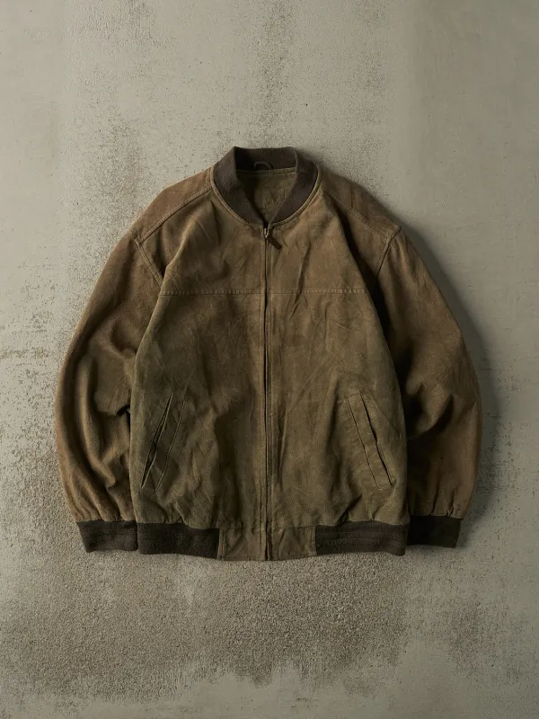 Vintage 90s Faded Green Suede Leather Bomber Jacket (M/L) sold by Rebalance Vintage