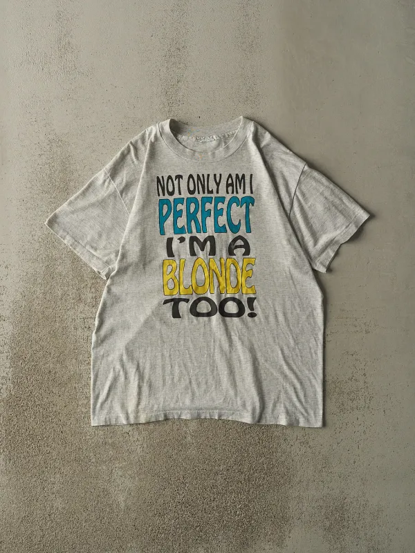 Vintage 90s Heather Grey "I'm A Blonde Too" Slogan Single Stitch Tee (L) sold by Rebalance Vintage
