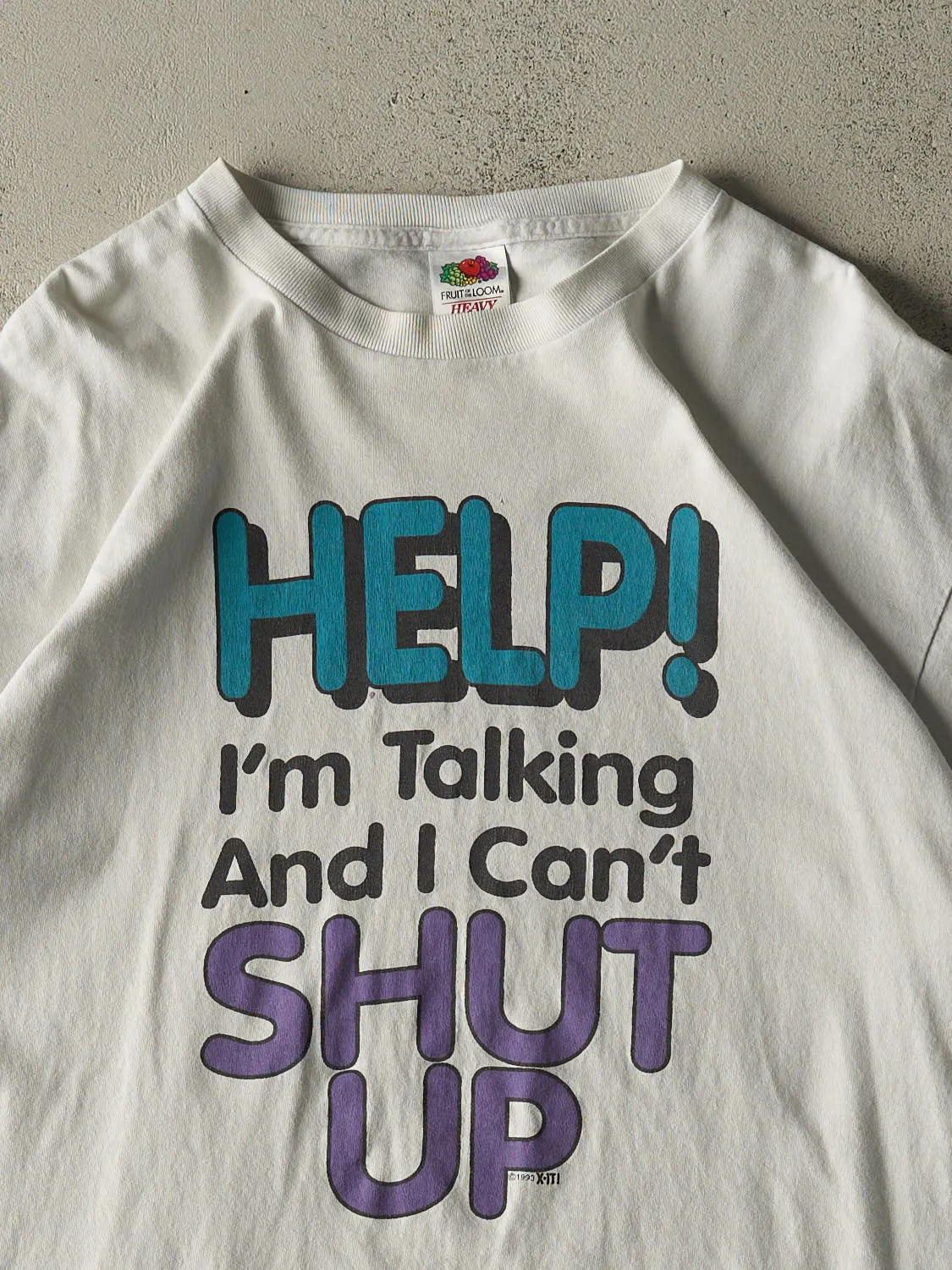 Vintage 93' White "Can't Shut Up" Slogan Tee (L/XL) sold by Rebalance Vintage product image thumbnail 2