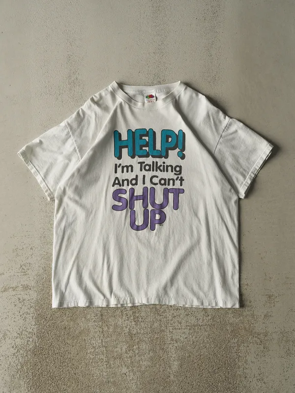 Vintage 93' White "Can't Shut Up" Slogan Tee (L/XL) sold by Rebalance Vintage