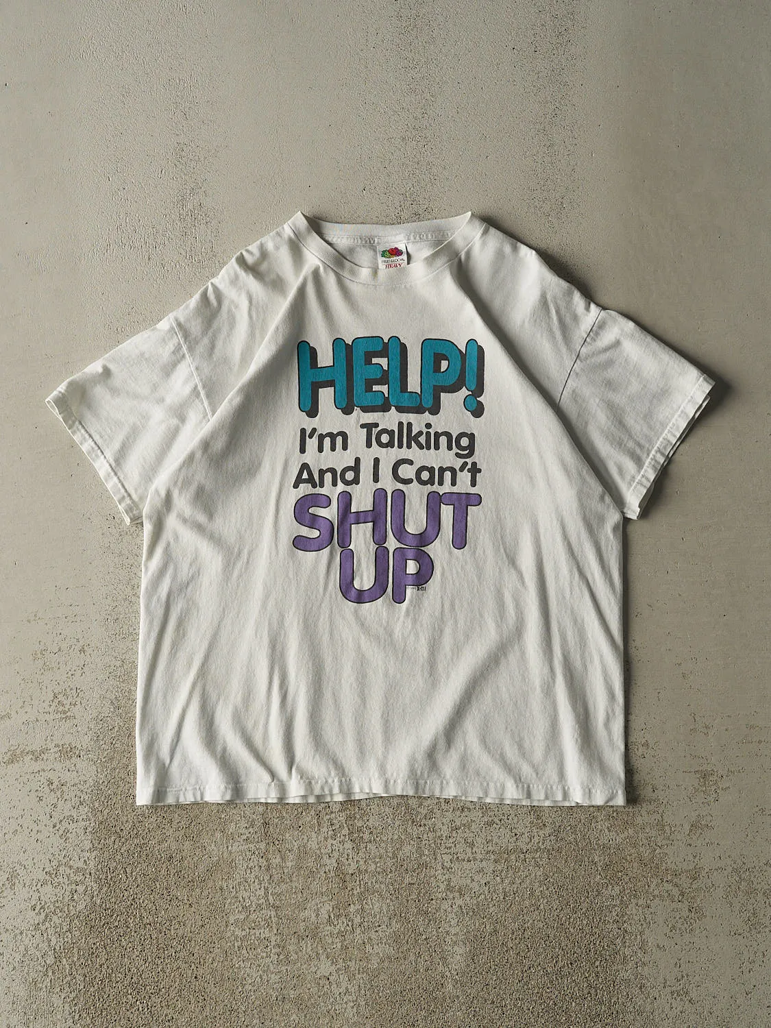 Vintage 93' White "Can't Shut Up" Slogan Tee (L/XL) sold by Rebalance Vintage
