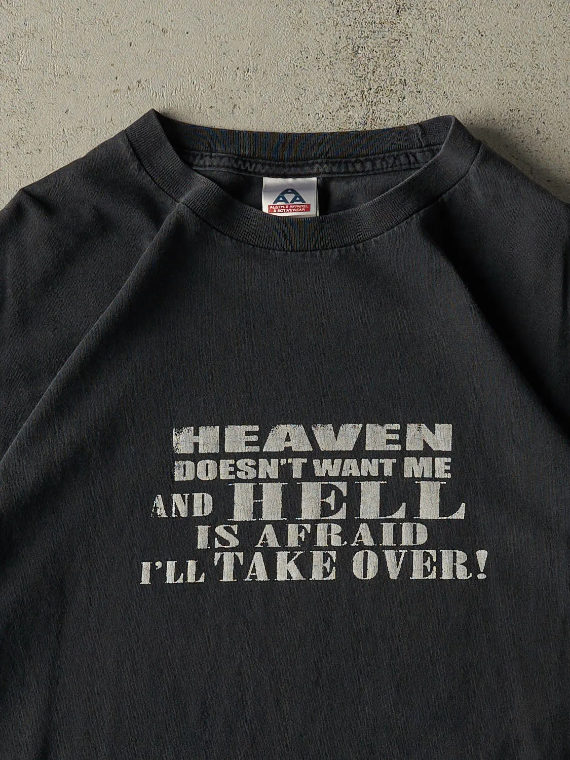Vintage Y2K Faded Black "Heaven Doesn't Want Me" Slogan Tee (L) sold by Rebalance Vintage product image thumbnail 2