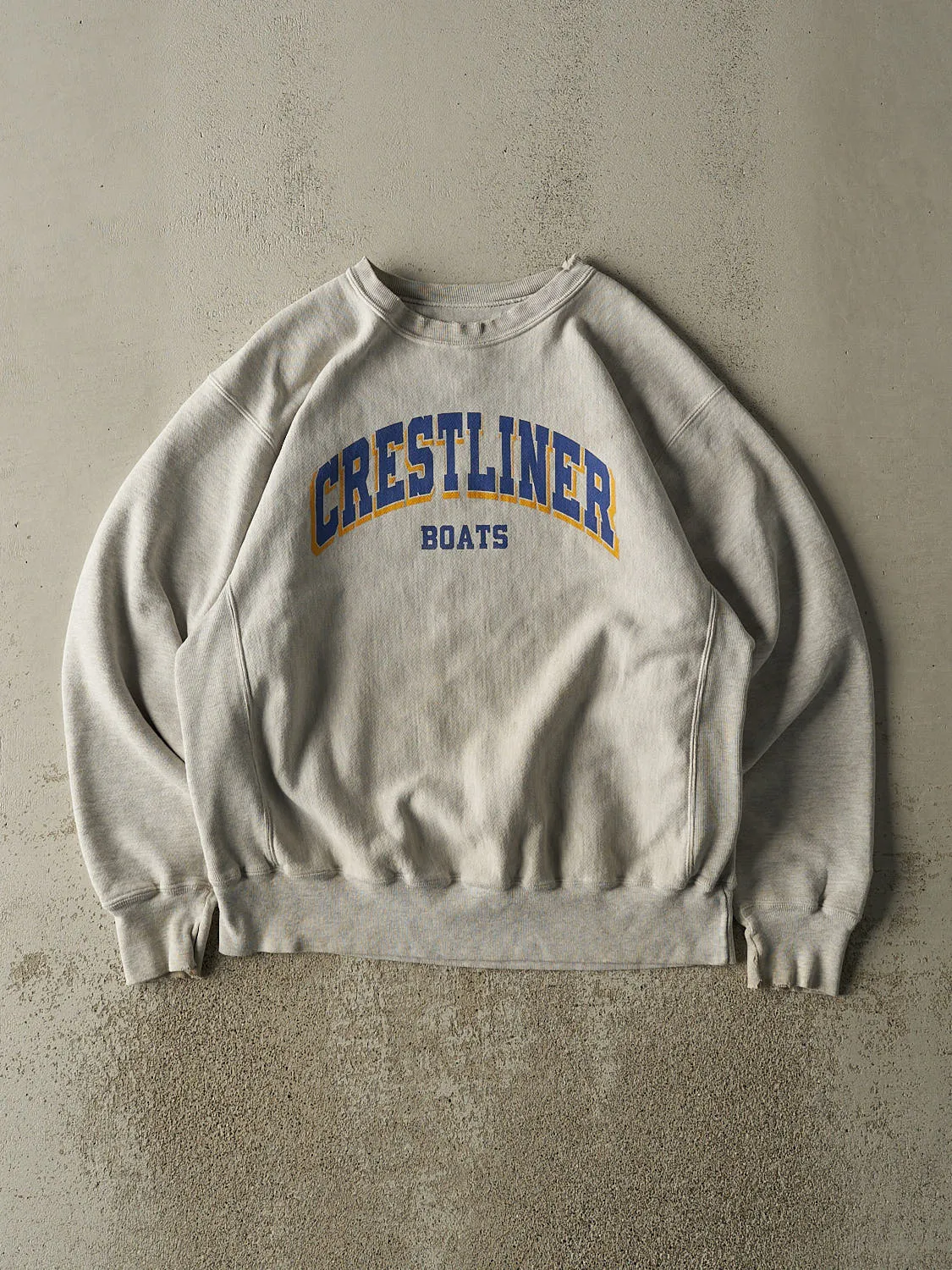Vintage 90s Heather Grey Crest Liner Boats Champion Reverse Weave Crewneck (L) sold by Rebalance Vintage