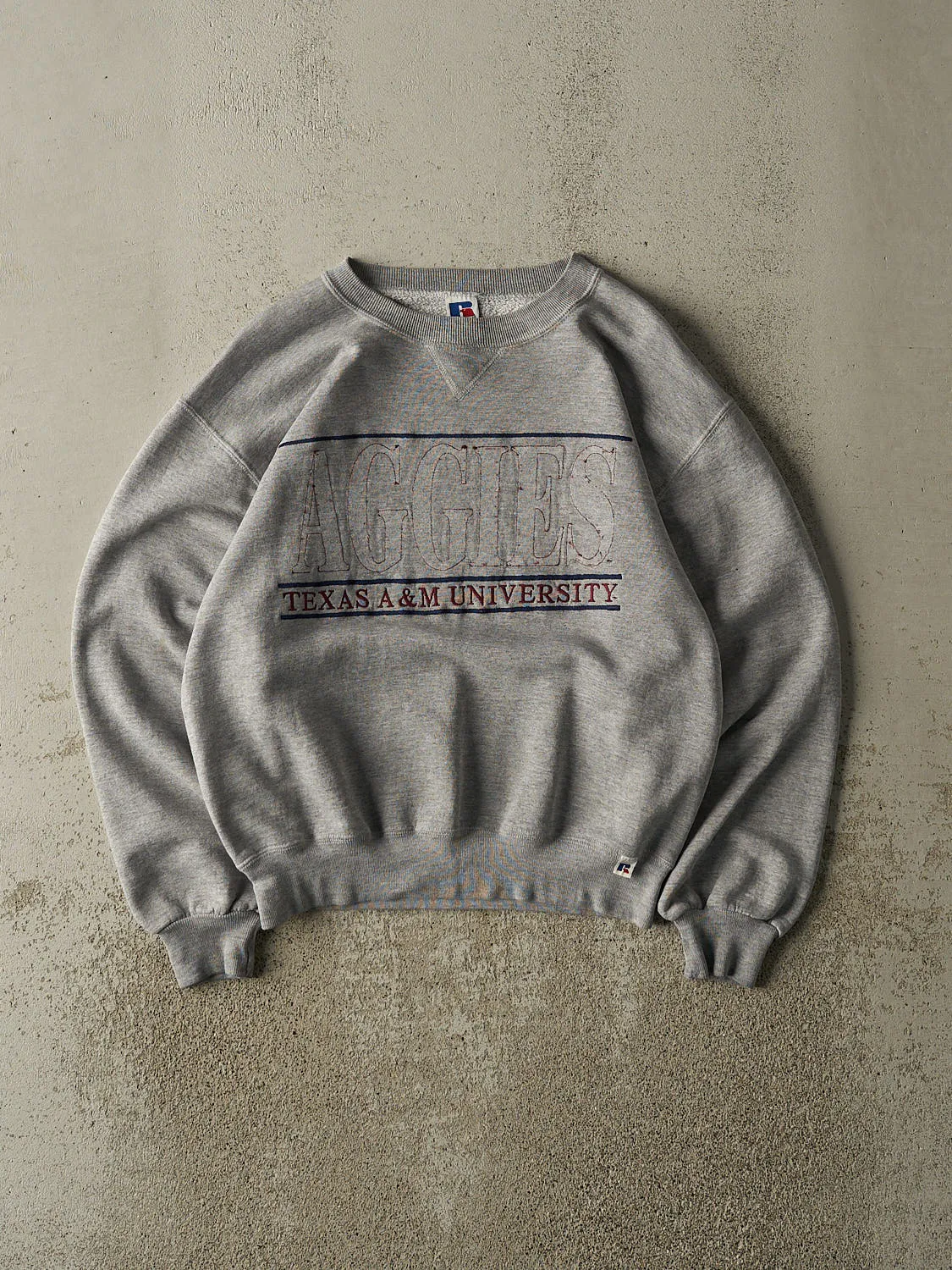 Vintage 90s Grey Russell Athletic Texas A&M Aggies Embroidered Crewneck (S/M) sold by Rebalance Vintage