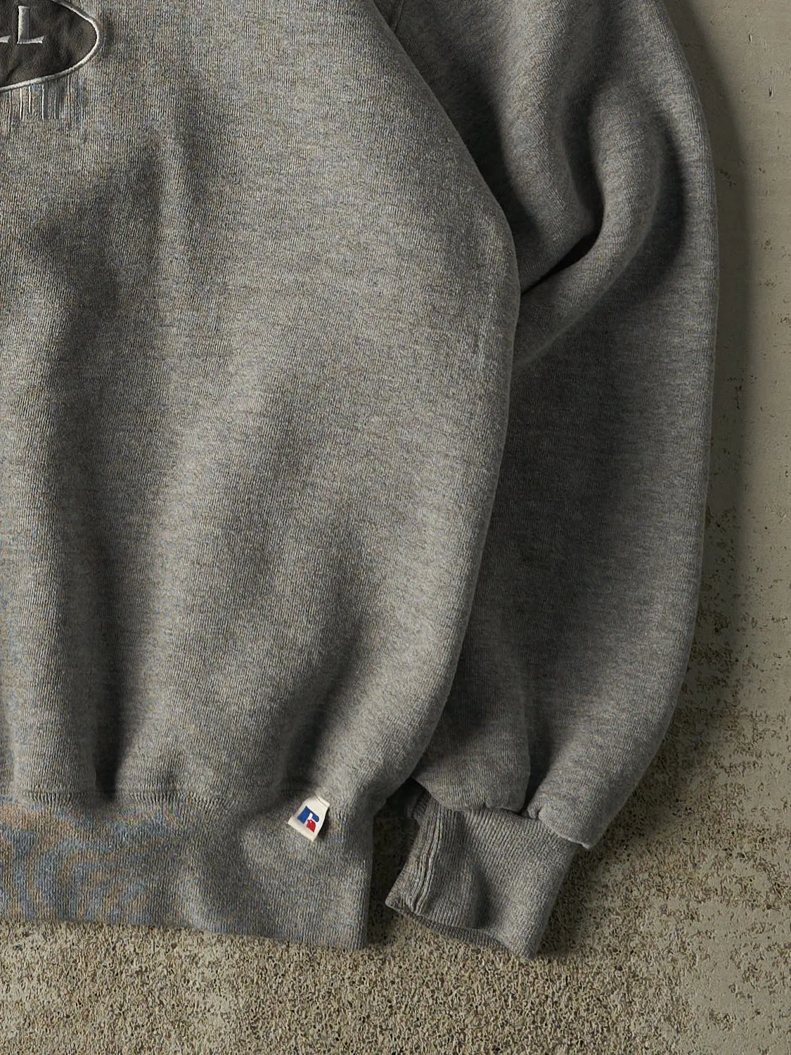 Vintage 90s Grey Russell Athletic Embroidered Logo Crewneck (L/XL) sold by Rebalance Vintage product image thumbnail 4