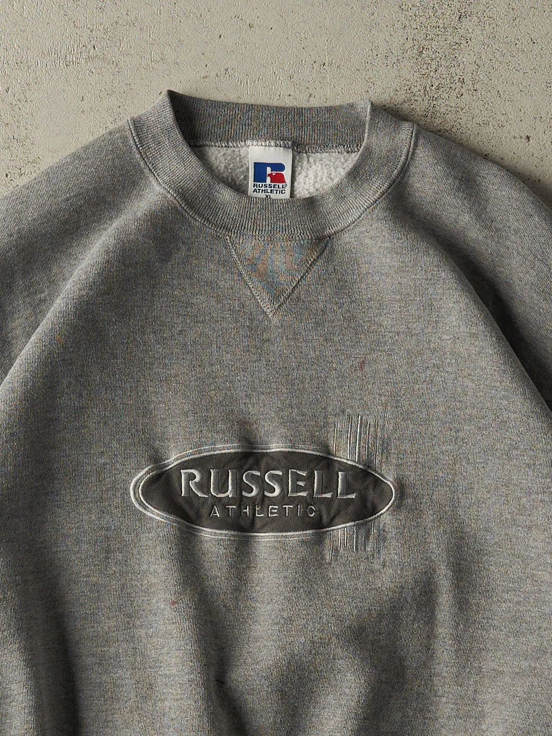 Vintage 90s Grey Russell Athletic Embroidered Logo Crewneck (L/XL) sold by Rebalance Vintage product image thumbnail 2
