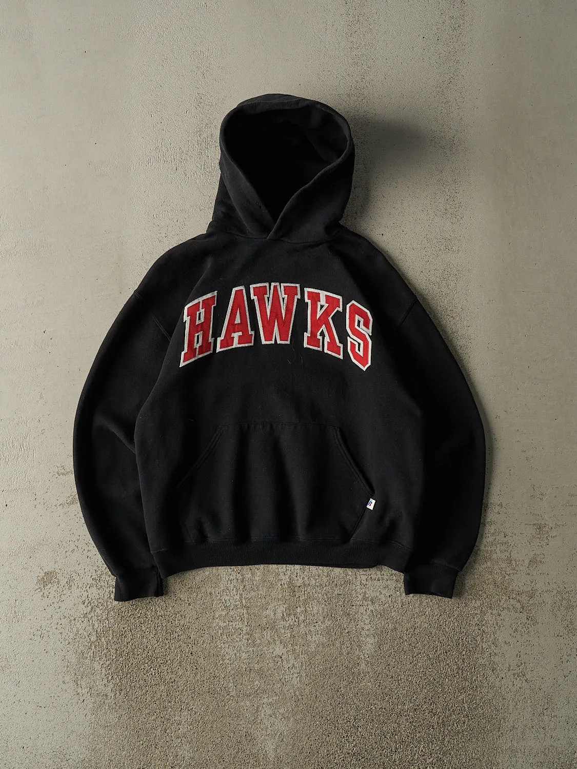 Vintage Y2K Black Russell Athletic Hawks Embroidered Hoodie (S/M) sold by Rebalance Vintage