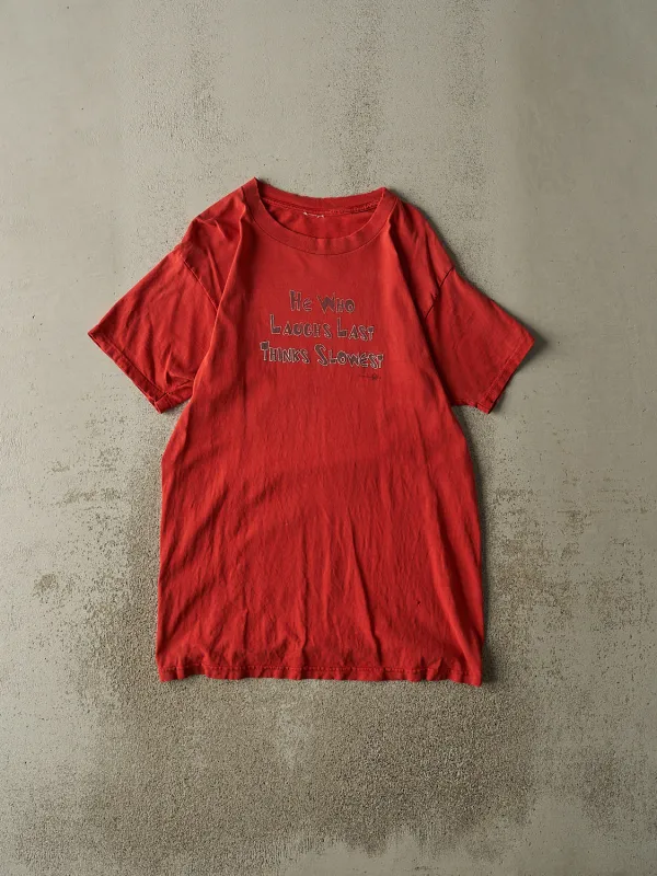 Vintage 90s Red "Thinks Slowest" Slogan Tee (L/XL) sold by Rebalance Vintage