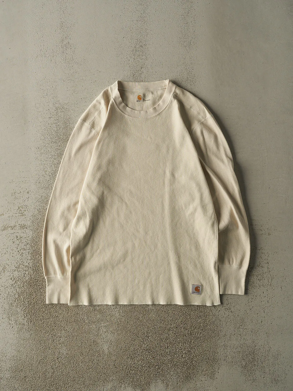 Vintage Y2K Beige Carhartt Embroidered Thermal Long Sleeve (M/L) sold by Rebalance Vintage