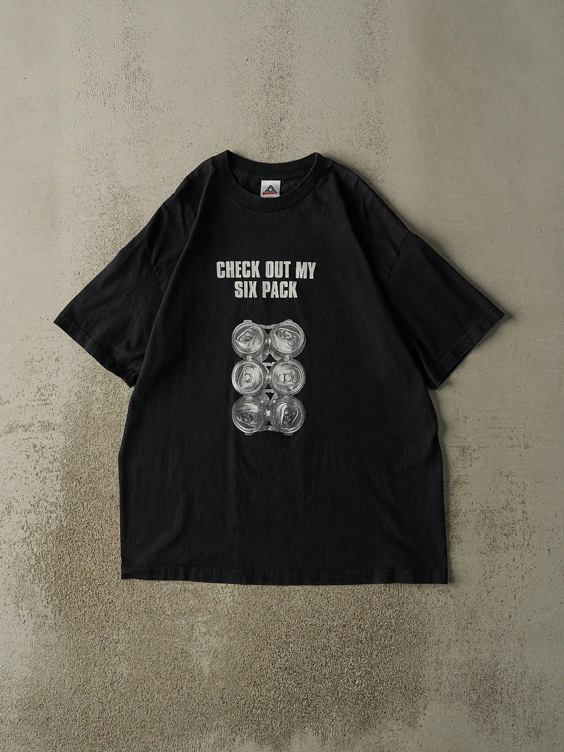 Vintage Y2K Black "Check Out My 6 Pack" Slogan Tee (L/XL) sold by Rebalance Vintage