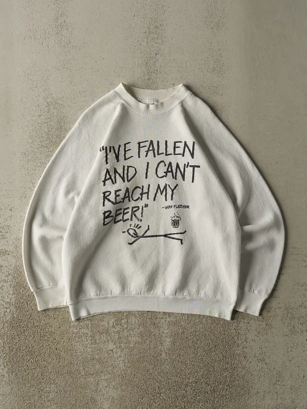 Vintage 80s White "I've Fallen and I Can't Reach My Beer" Slogan Crewneck (M) sold by Rebalance Vintage