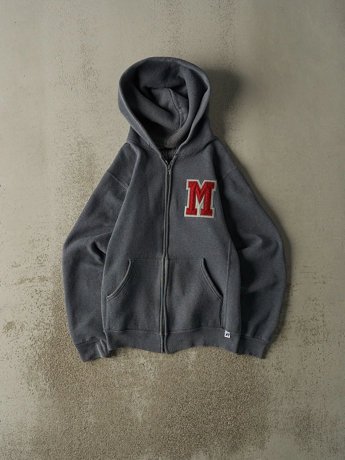 Vintage Y2K Charcoal Grey Russell Athletic Embroidered Zip Up Hoodie (XS/S) sold by Rebalance Vintage