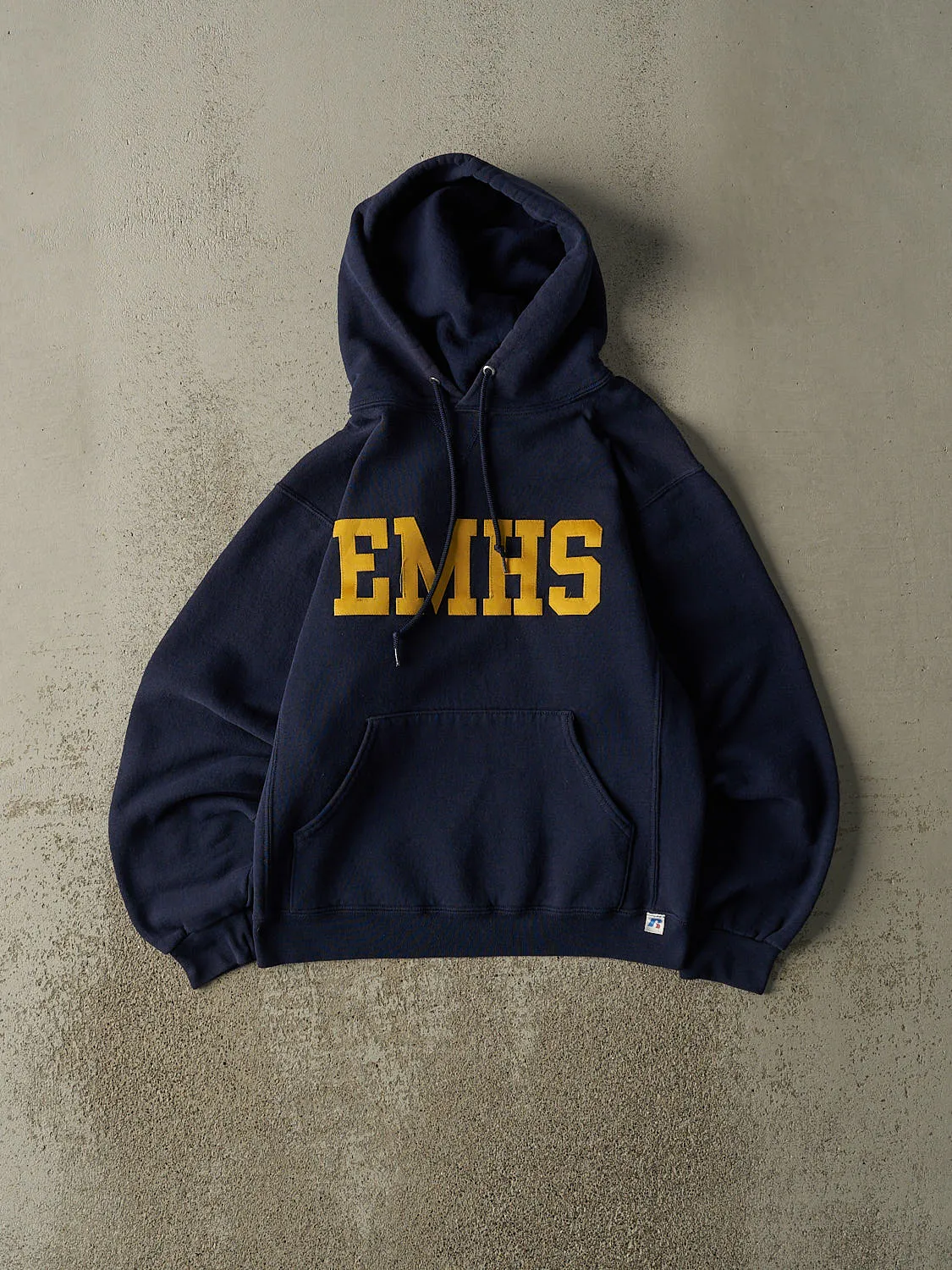 Vintage Y2K Navy Blue Russell Athletic EMHS Embroidered Hoodie (XS/S) sold by Rebalance Vintage