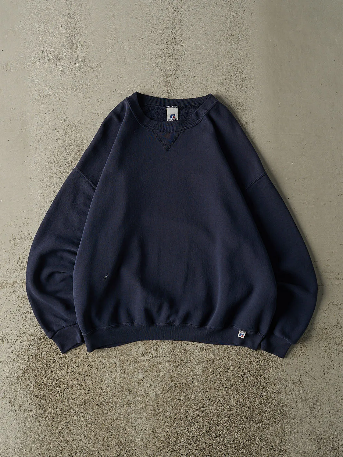 Vintage Y2K Navy Blue Russell Athletic Blank Crewneck (L/XL) sold by Rebalance Vintage