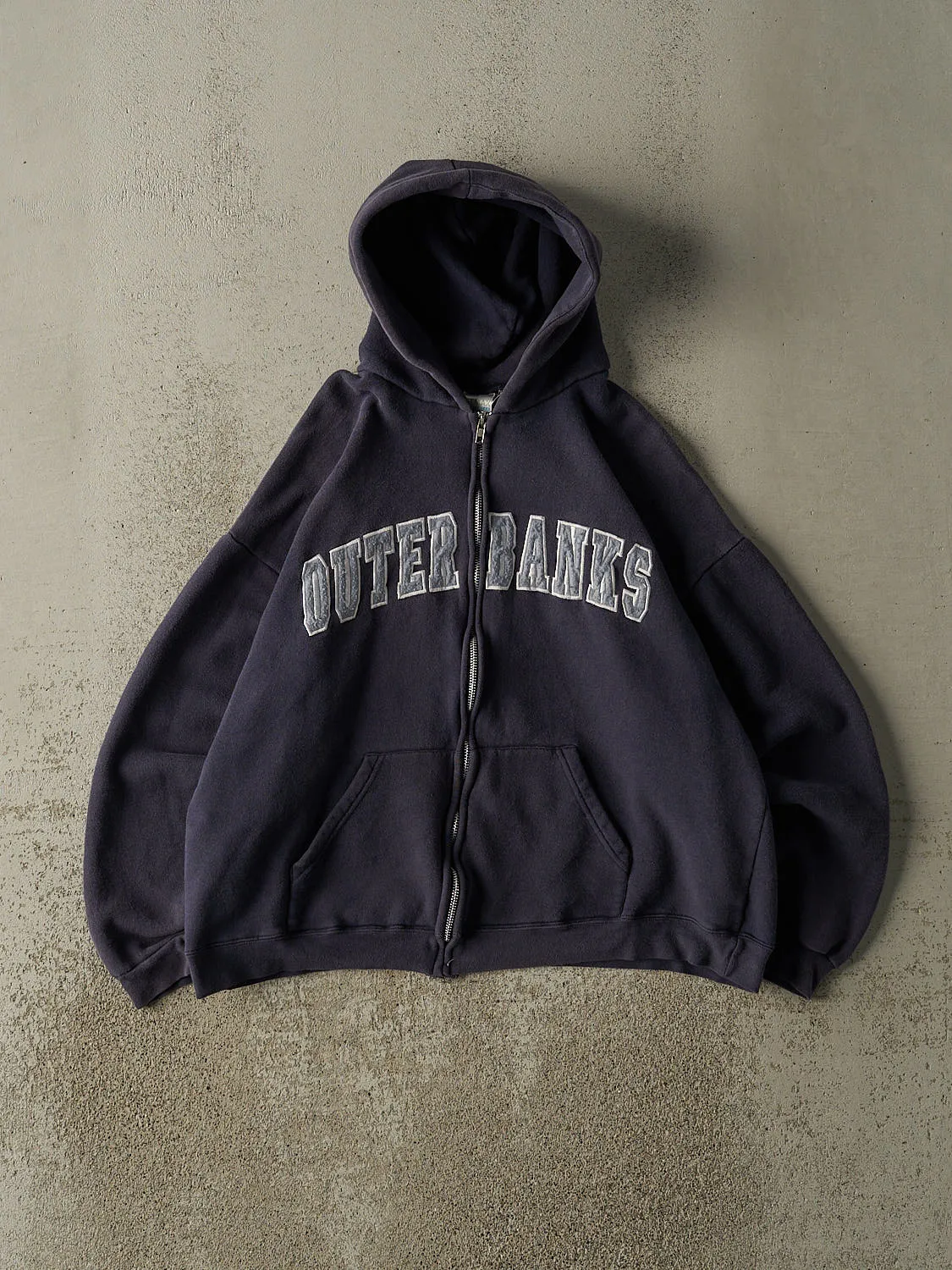 Vintage 90s Navy Blue Outer Banks Embroidered Zip Up Hoodie (S/M) sold by Rebalance Vintage