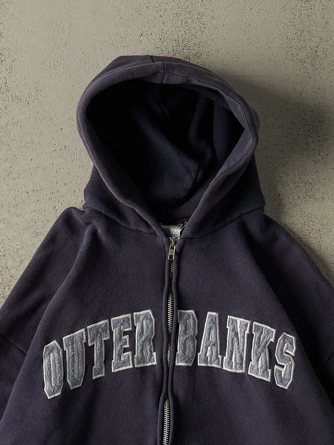 Vintage 90s Navy Blue Outer Banks Embroidered Zip Up Hoodie (S/M) sold by Rebalance Vintage product image thumbnail 2