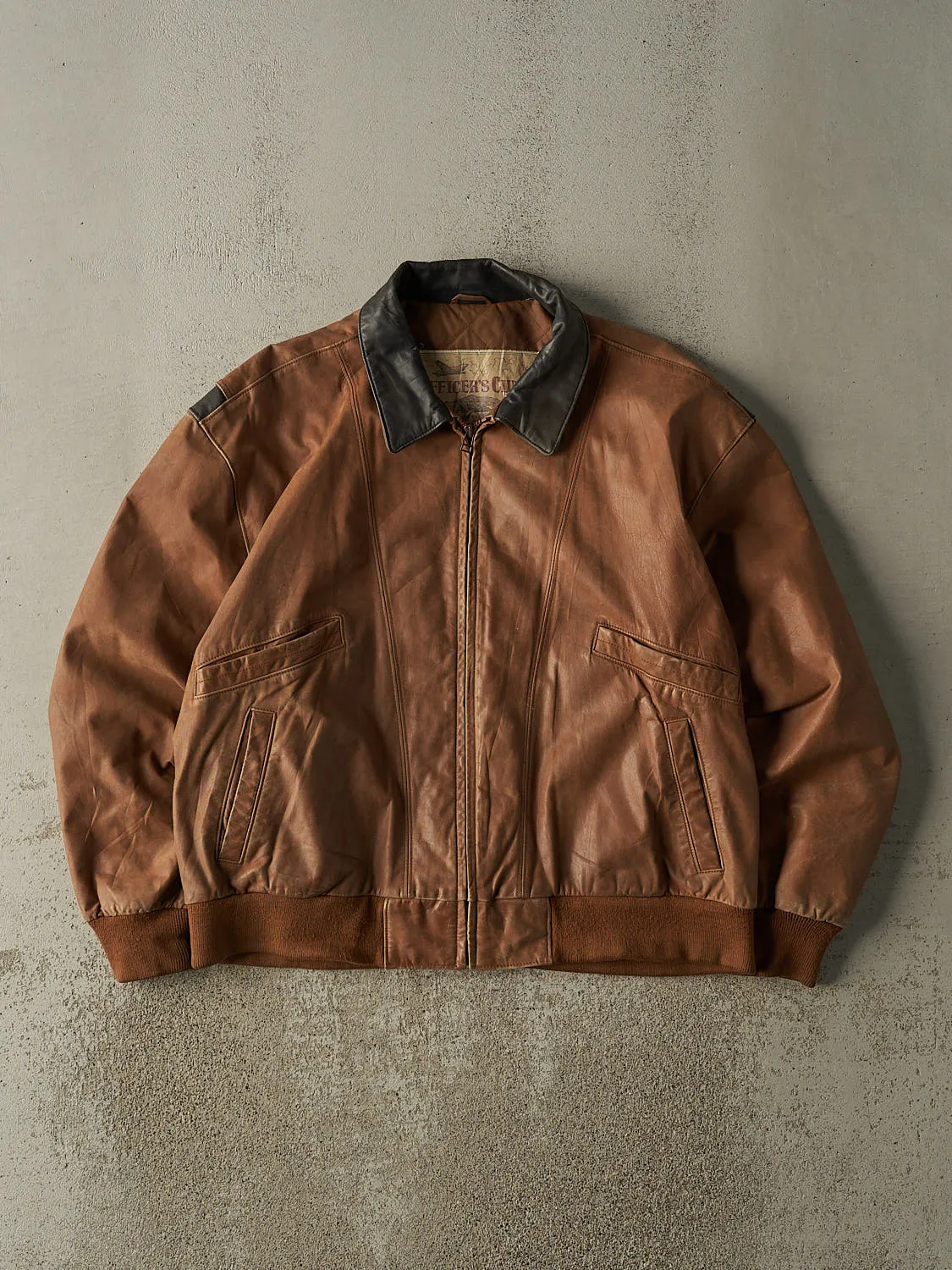 Vintage 90s Brown Leather Bomber Jacket (L) sold by Rebalance Vintage