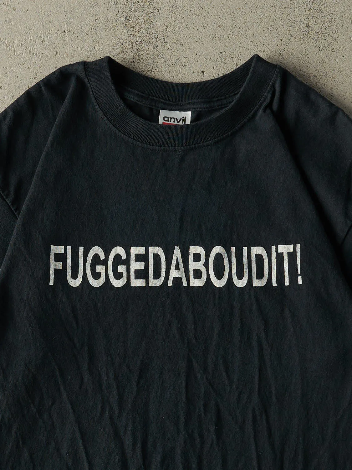Vintage Y2K Black "Fuggedaboudit!" Slogan Tee (M) sold by Rebalance Vintage product image thumbnail 2