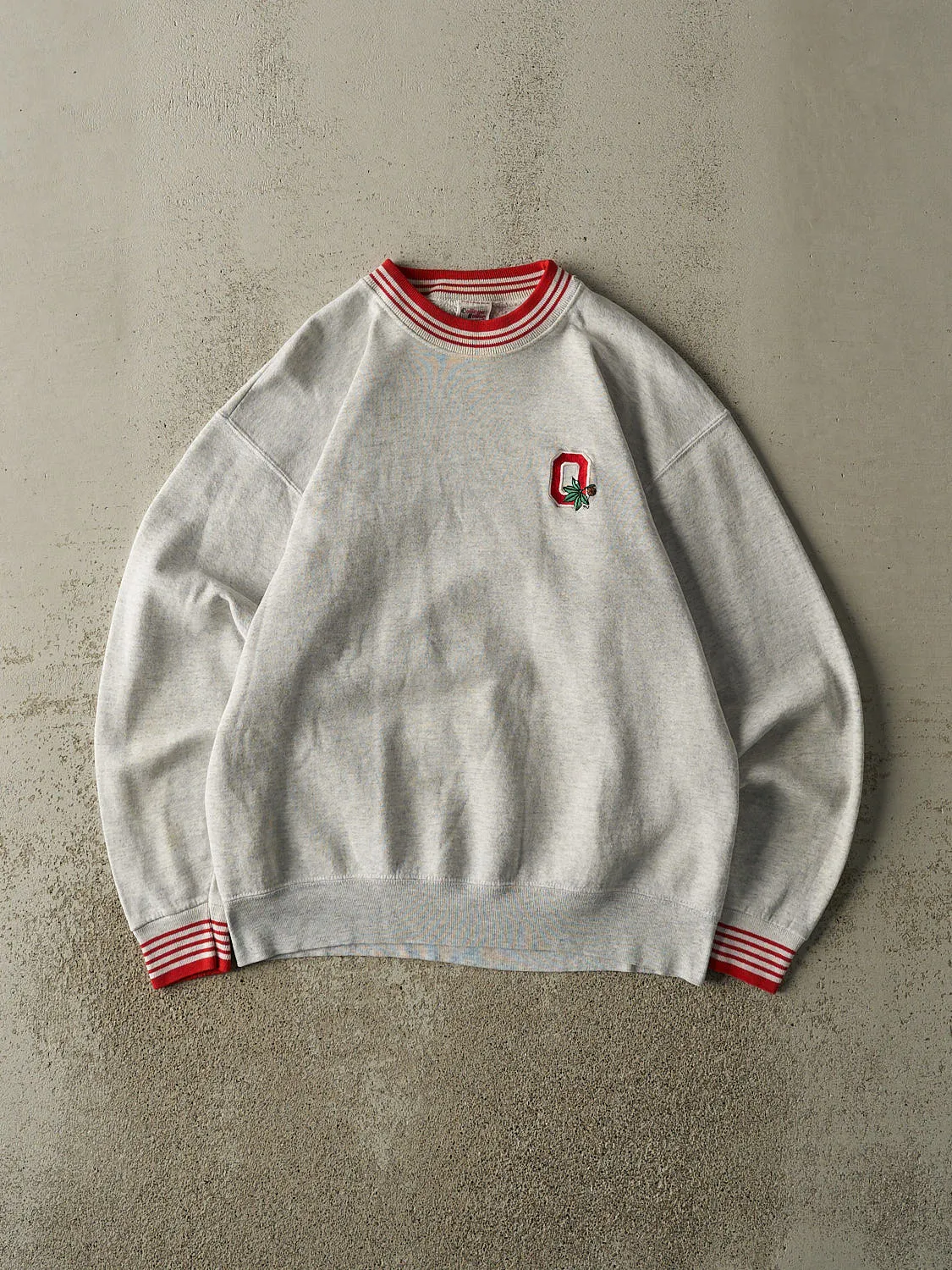 Vintage 80s Heather Grey Ohio State University Embroidered Ribbed Crewneck (M) sold by Rebalance Vintage