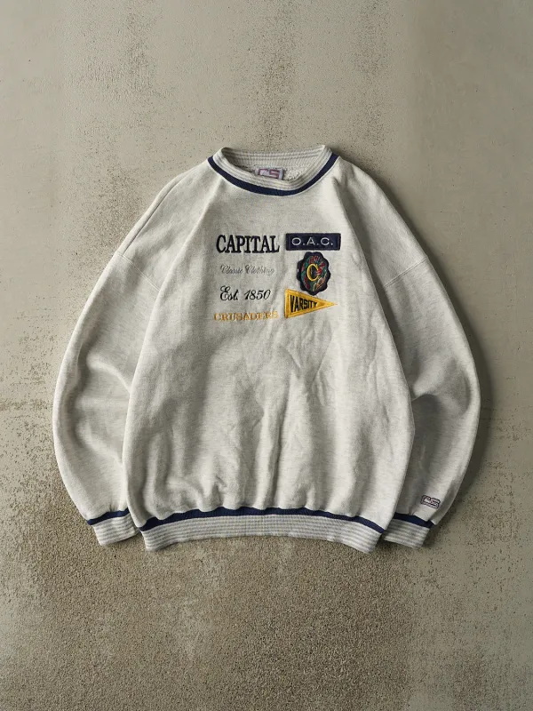 Vintage 90s Heather Grey Capital Crusaders Embroidered Ribbed Crewneck (L/XL) sold by Rebalance Vintage