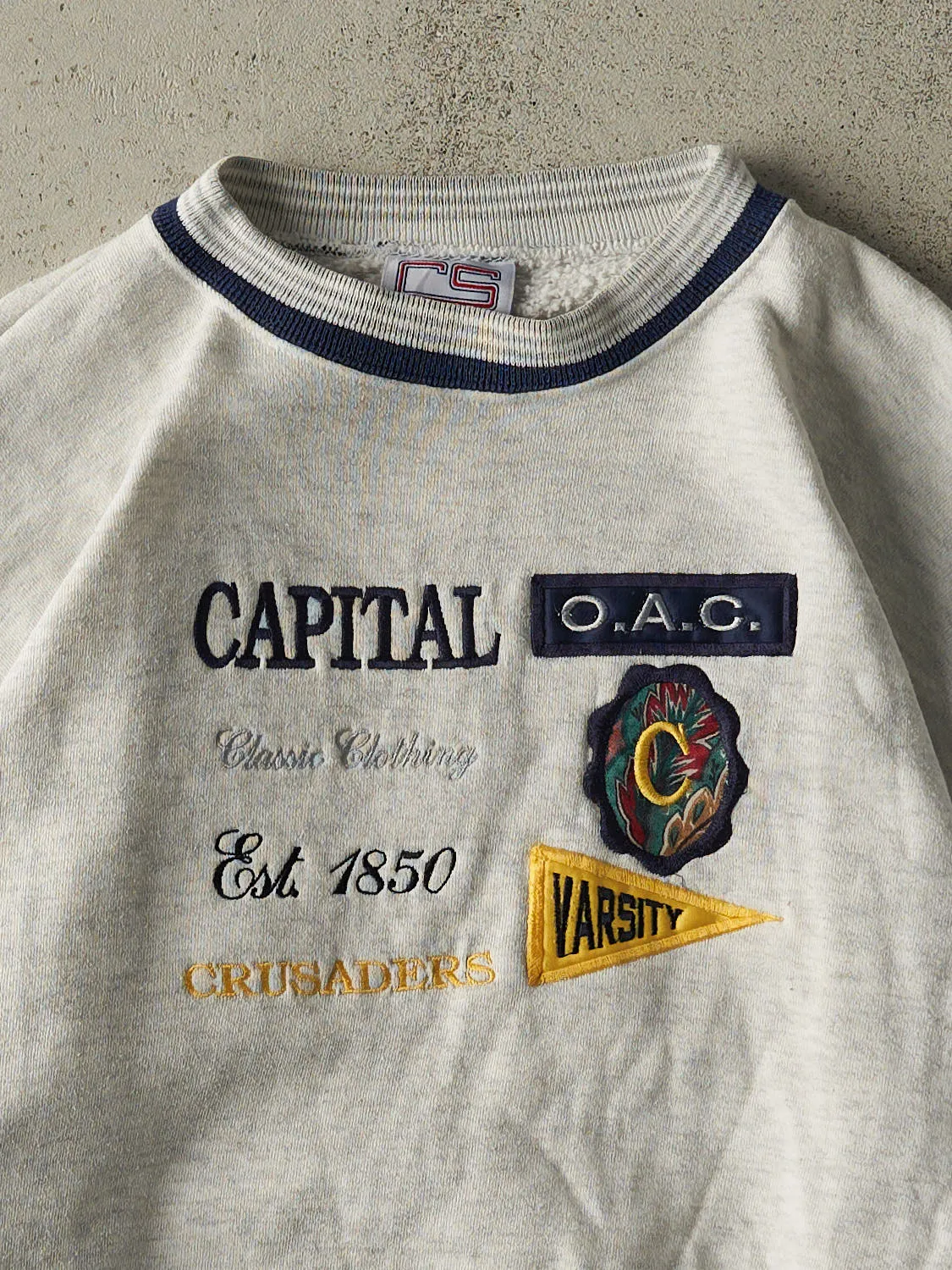 Vintage 90s Heather Grey Capital Crusaders Embroidered Ribbed Crewneck (L/XL) sold by Rebalance Vintage product image thumbnail 2