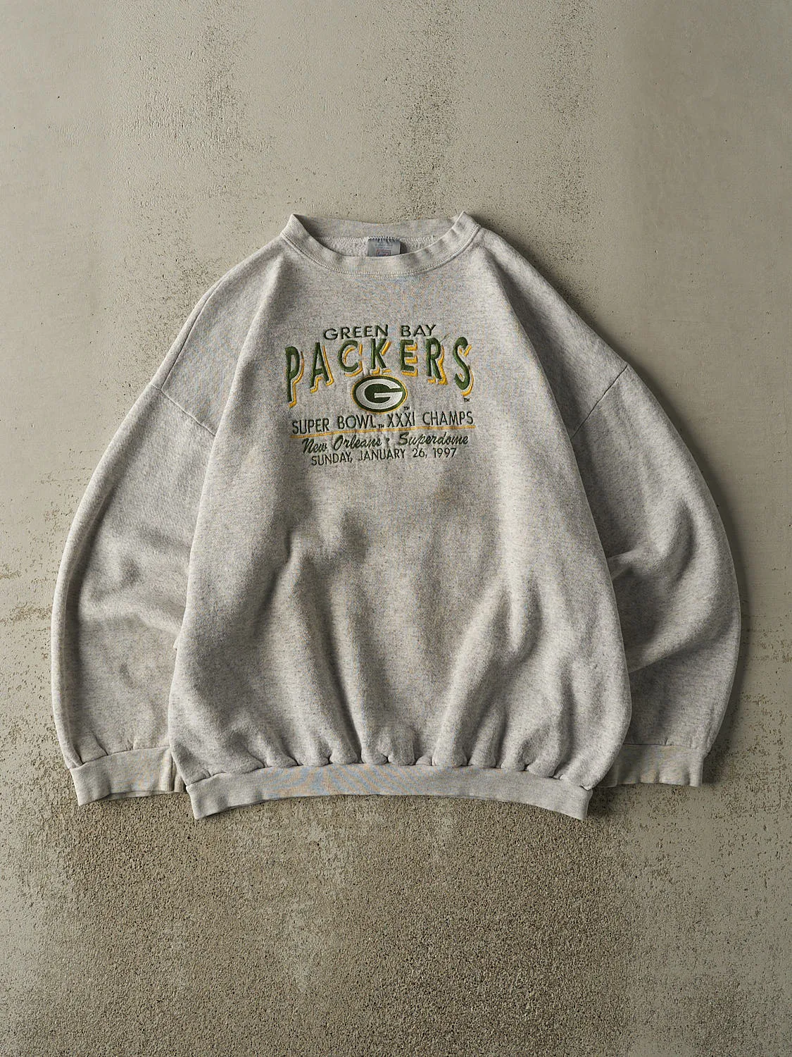 Vintage 97' Heather Grey Green Bay Packers Super Bowl Champs Crewneck (XL) sold by Rebalance Vintage