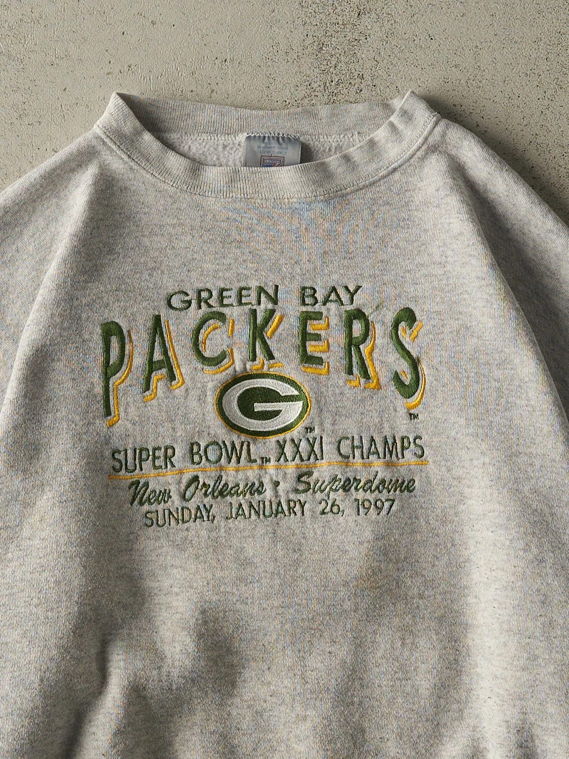 Vintage 97' Heather Grey Green Bay Packers Super Bowl Champs Crewneck (XL) sold by Rebalance Vintage product image thumbnail 2