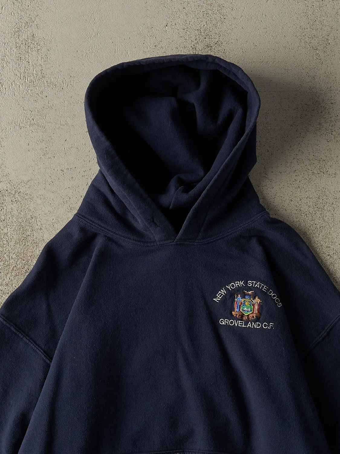 Vintage Y2K Navy Blue New York State Docs Embroidered Hoodie (S/M) sold by Rebalance Vintage product image thumbnail 2