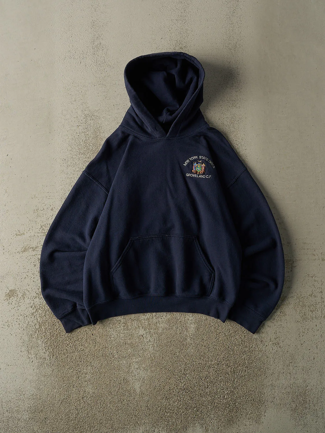 Vintage Y2K Navy Blue New York State Docs Embroidered Hoodie (S/M) sold by Rebalance Vintage