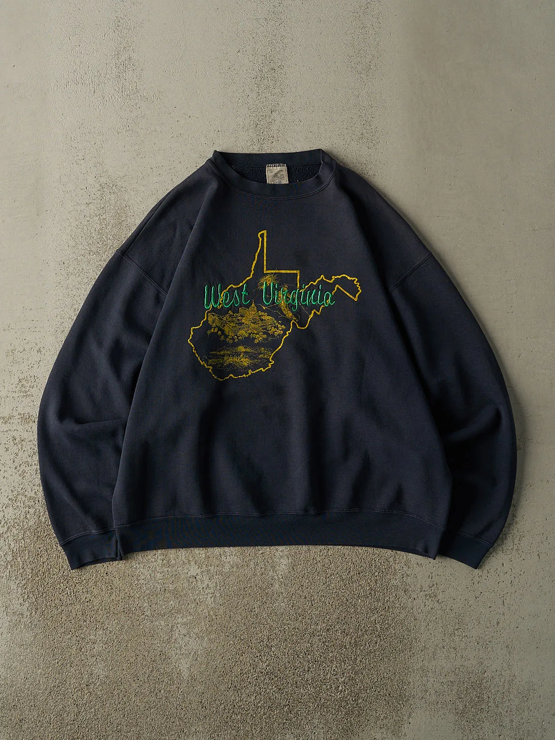 Vintage 90s Navy Blue West Virginia Embroidered Crewneck (XL) sold by Rebalance Vintage