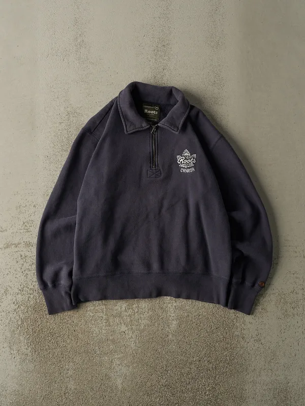 Vintage Y2K Navy Blue Roots Embroidered Quarter Zip Sweater (S/M) sold by Rebalance Vintage