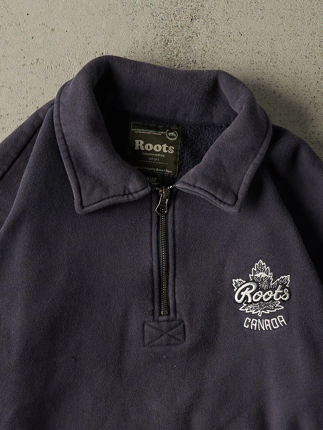 Vintage Y2K Navy Blue Roots Embroidered Quarter Zip Sweater (S/M) sold by Rebalance Vintage product image thumbnail 2