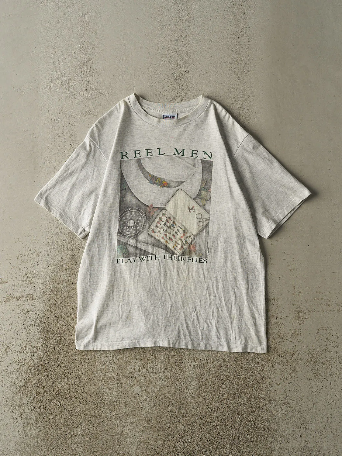 Vintage 94' Heather Grey Fishing Slogan Tee (M/L) sold by Rebalance Vintage