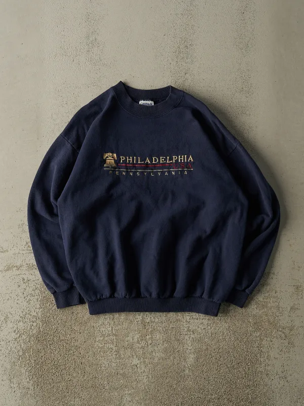 Vintage 90s Navy Blue Philadelphia Embroidered Crewneck (M) sold by Rebalance Vintage