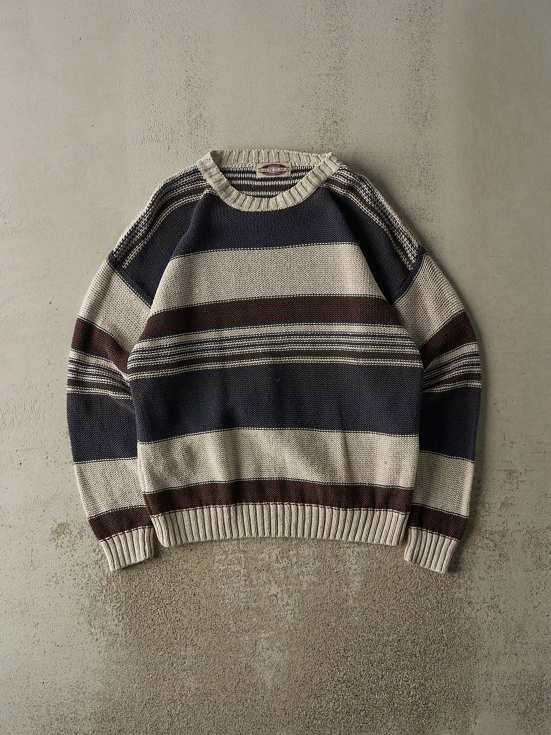 Vintage 90s Beige, Navy & Brown Striped Knit (L/XL) sold by Rebalance Vintage