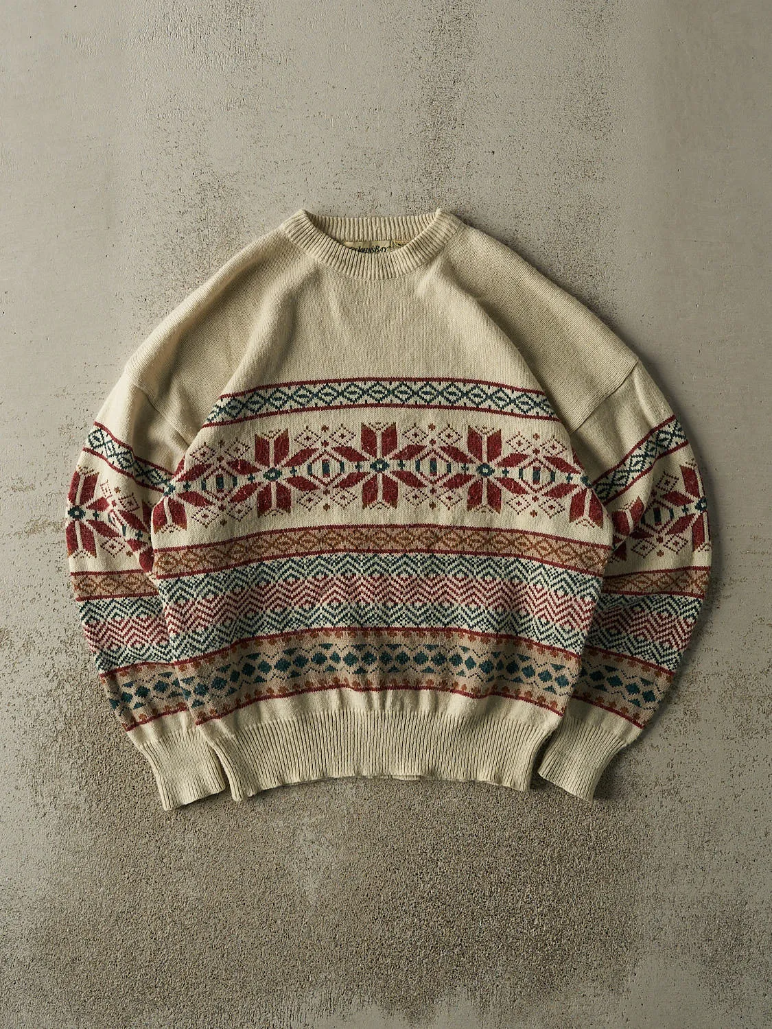 Vintage 90s Beige Snowflake Patterned Knit Pullover (L) sold by Rebalance Vintage