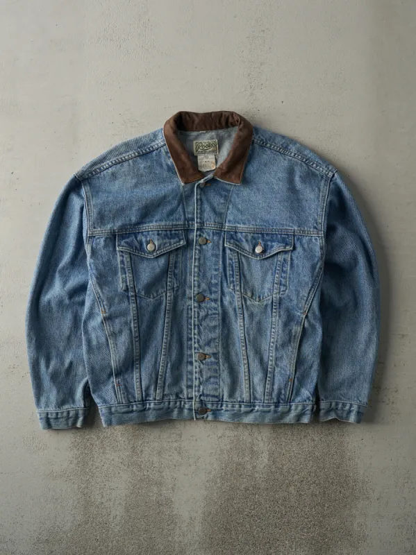 Vintage 90s Light Wash Roots Leather Collared Denim Jacket (L) sold by Rebalance Vintage