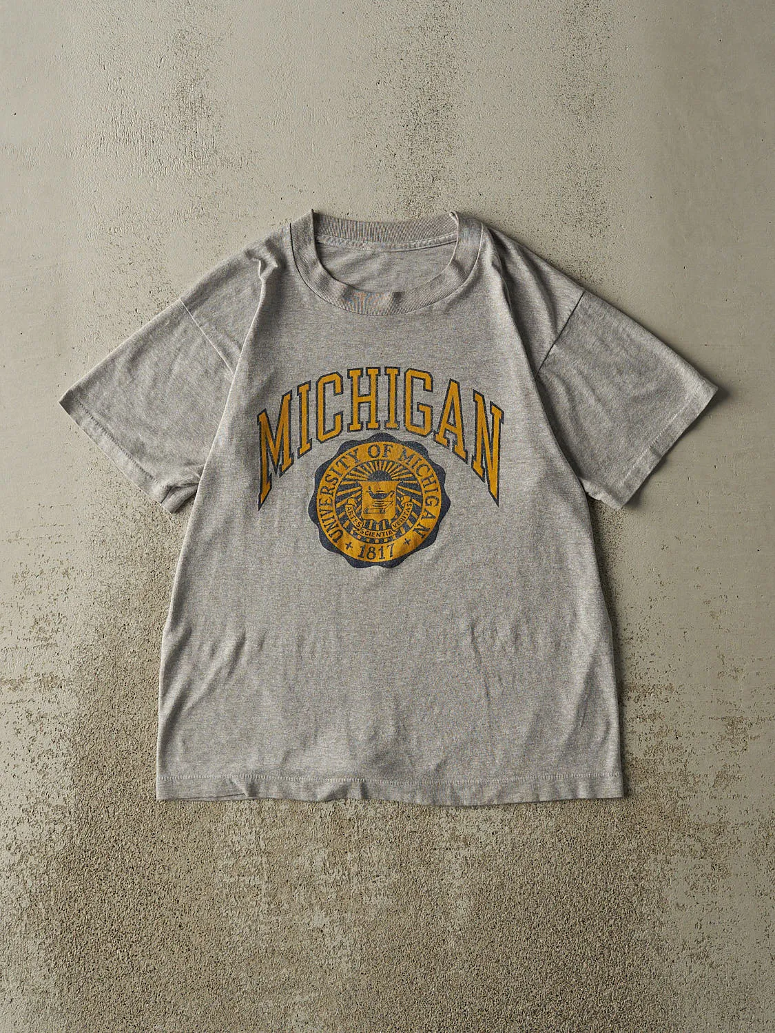 Vintage 80s Grey University of Michigan Single Stitch Tee (S/M) sold by Rebalance Vintage