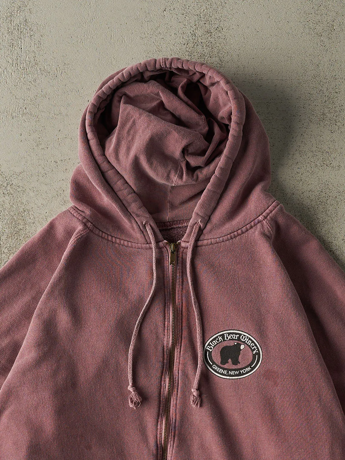Vintage 90s Washed Burgundy Black Bear Winery Zip Up Hoodie (M/L) sold by Rebalance Vintage product image thumbnail 2