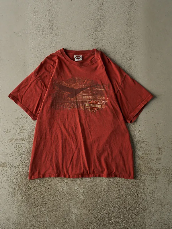 Vintage 12' Burnt Orange Harley Davidson Bellemont AZ Tee (L) sold by Rebalance Vintage