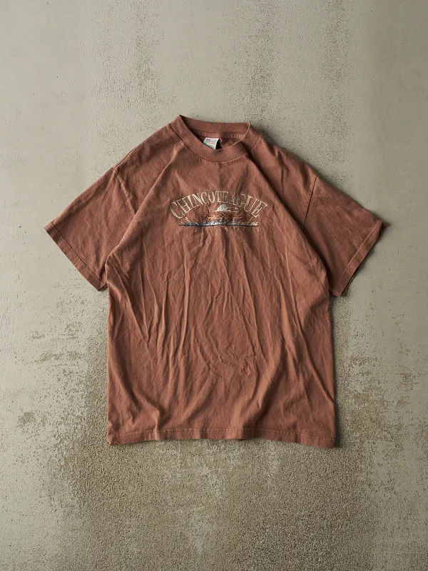 Vintage 90s Sun Faded Brown Chincoteague Island Embroidered Tee (M/L) sold by Rebalance Vintage