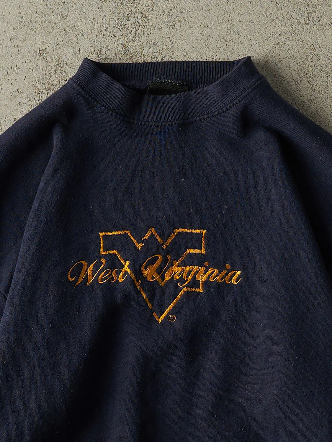 Vintage 80s Navy Blue West Virginia University Embroidered Crewneck (S) sold by Rebalance Vintage product image thumbnail 2