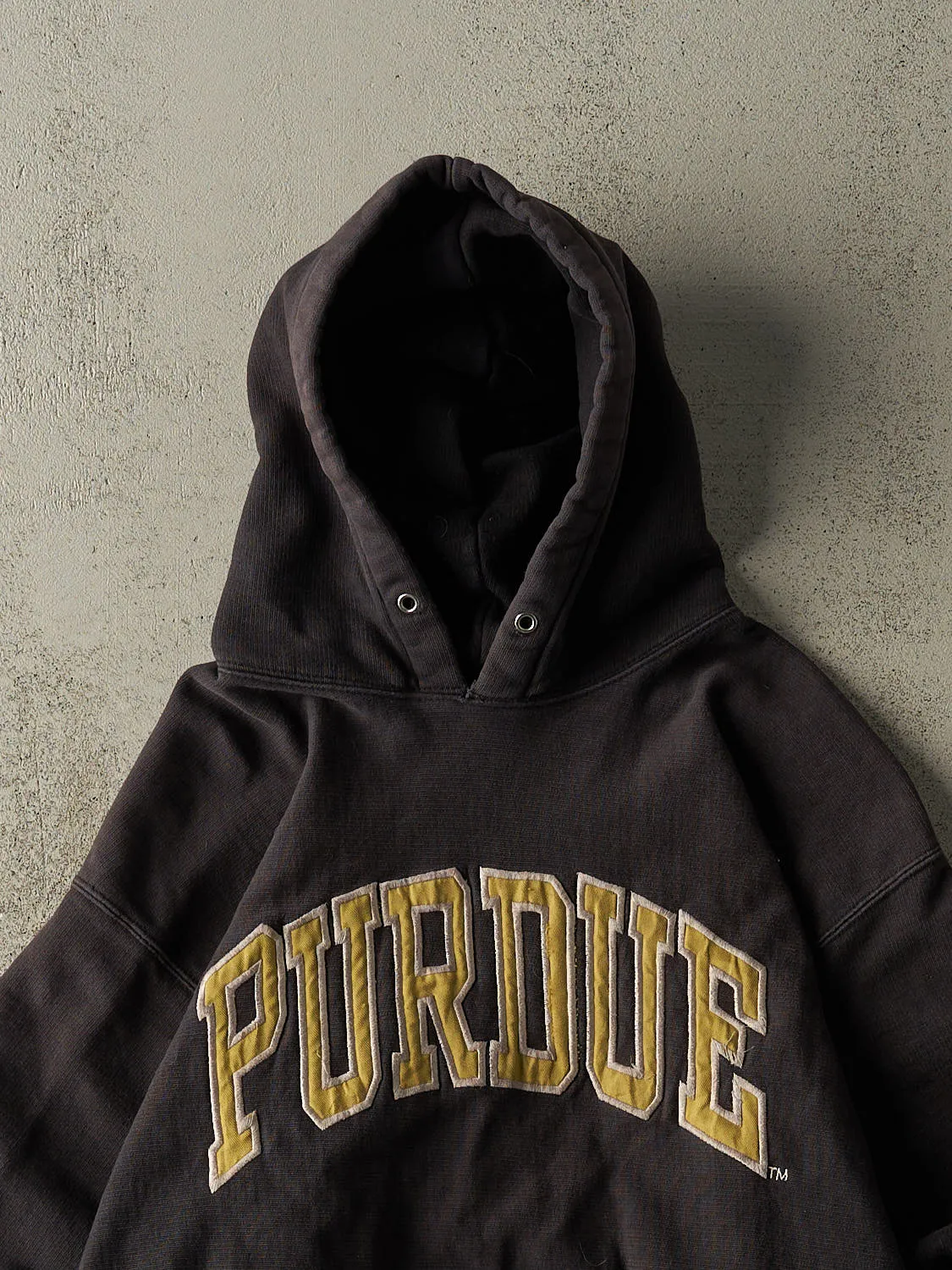 Vintage 90s Faded Black Purdue University Embroidered Hoodie (M/L) sold by Rebalance Vintage product image thumbnail 2
