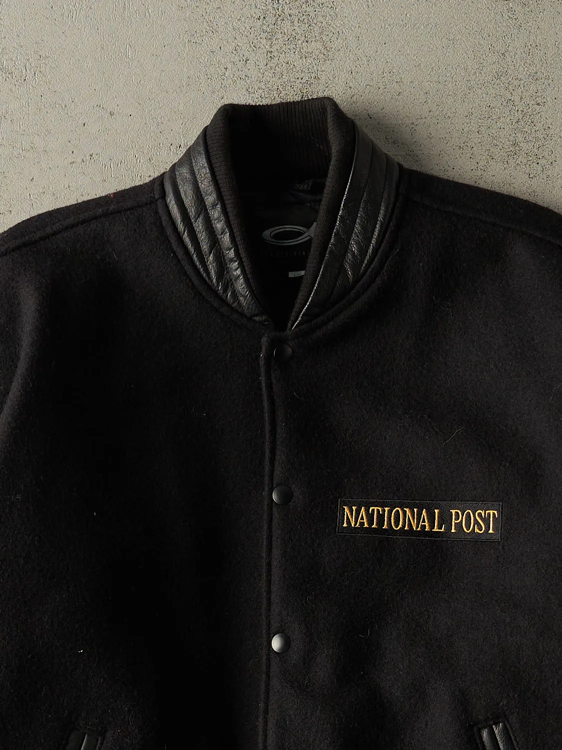 Vintage 90s Black National Post Embroidered Varsity Jacket (L/XL) sold by Rebalance Vintage product image thumbnail 3