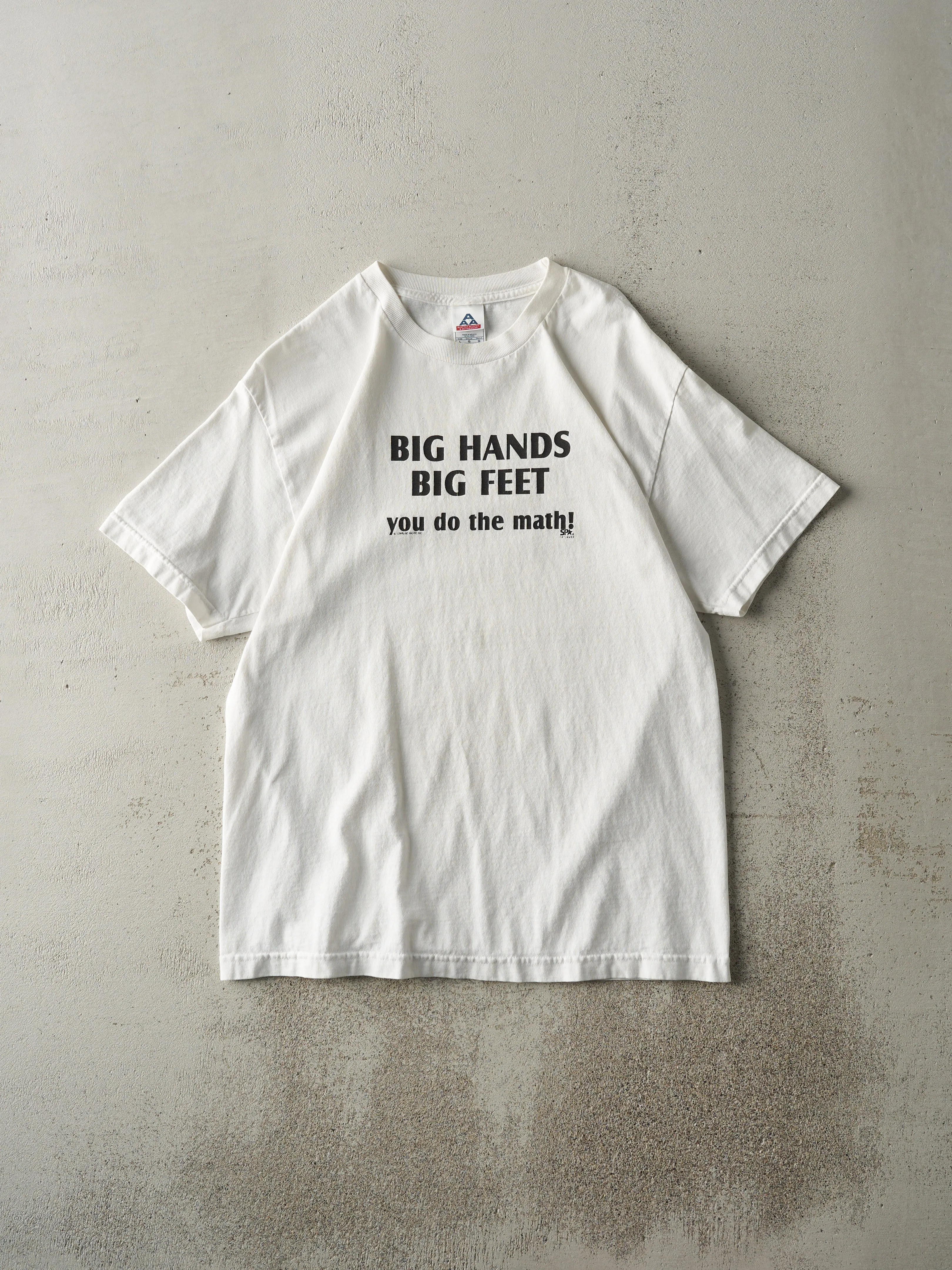 Vintage Y2K White "Big Hands, Big Feet..." Slogan Tee (M) sold by Rebalance Vintage