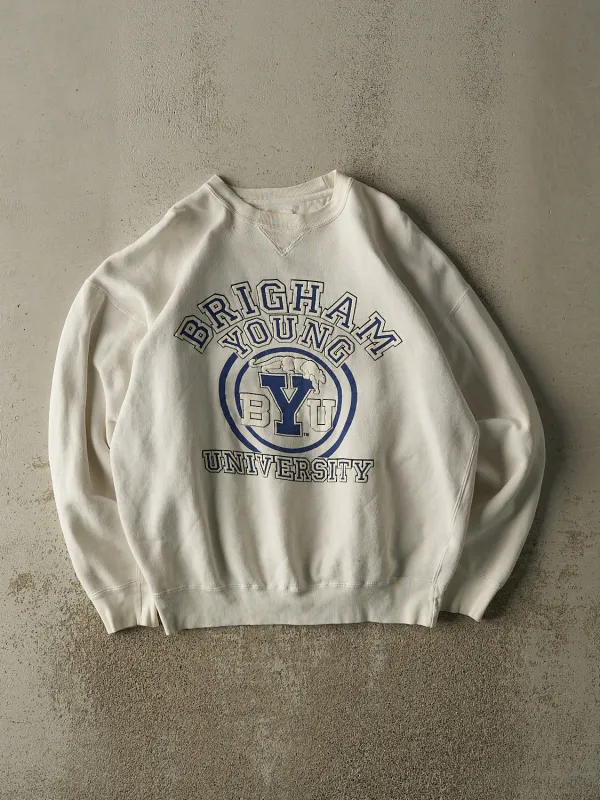 Vintage 90s White Brigham Young University Crewneck (L/XL) sold by Rebalance Vintage