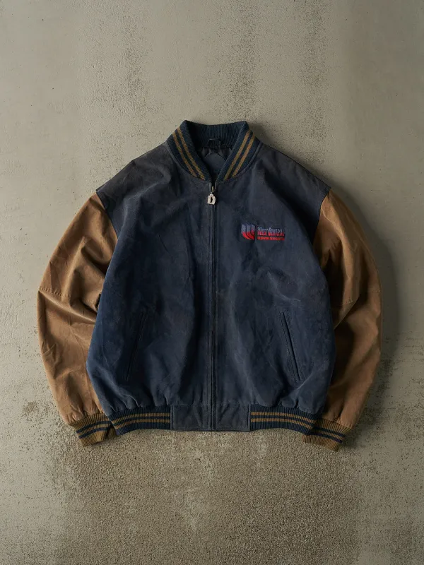 Vintage 90s Blue & Beige Embroidered Suede Bomber Jacket (XL) sold by Rebalance Vintage