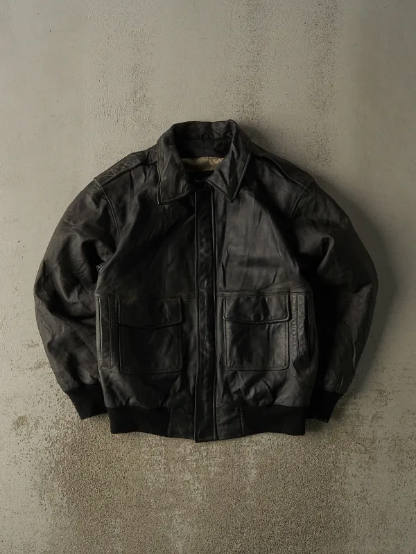 Vintage 90s Faded Black Leather Aviator Style Bomber Jacket (M/L) sold by Rebalance Vintage